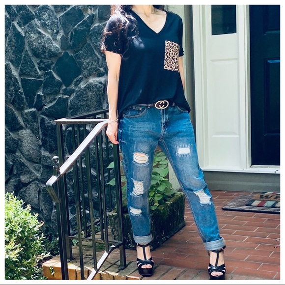 BLACK V NECK LEOPARD POCKET TUNIC TOP - Picture 13 of 14